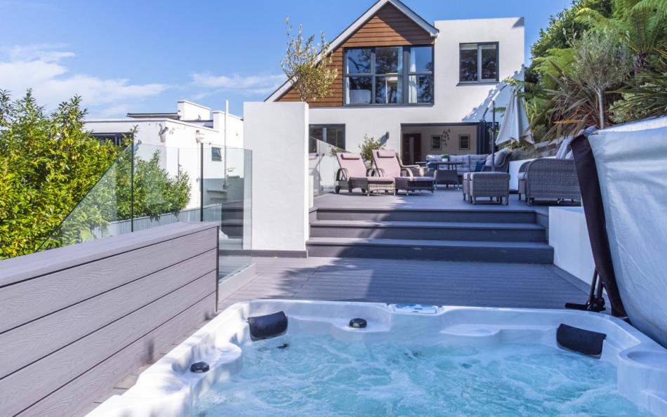 Santorini House decking area with hot tub