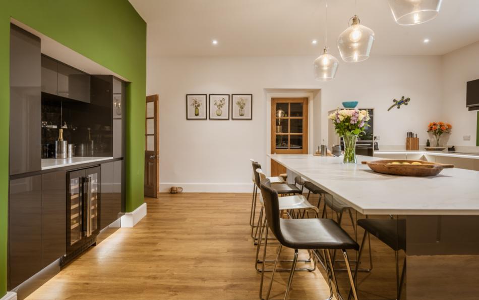 Spacious kitchen view at Bigbury Court Farmhouse