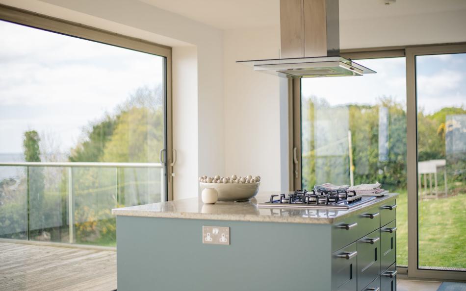 Another view of the kitchen looking out on to the large lawn at Horizons 